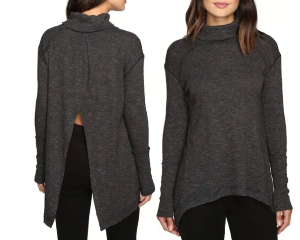 We The Free Split Back Turtleneck Top Gray Long Sleeve Tunic XS